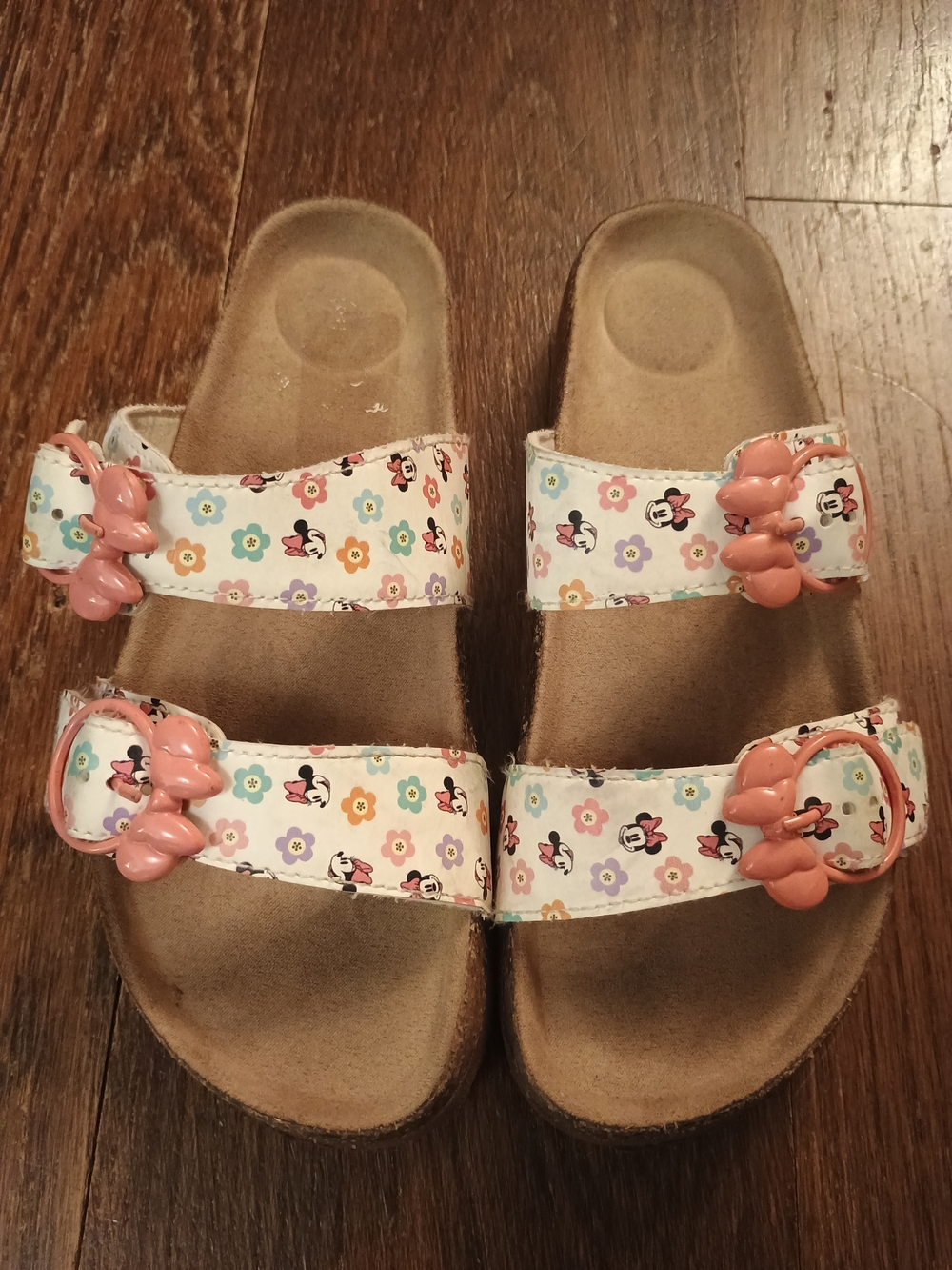 Disney Minnie Mouse Girls White Floral Sandals Cork Double Straps White Multi